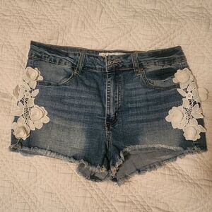 Indigo Rein Blue Jean Shorts with White Floral Details